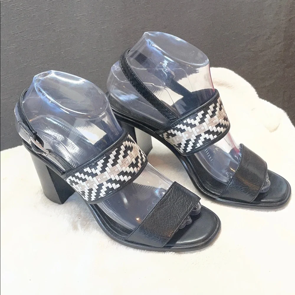 Frye Amy Black Block Heel Sandal with Woven Neutral‎ Accent